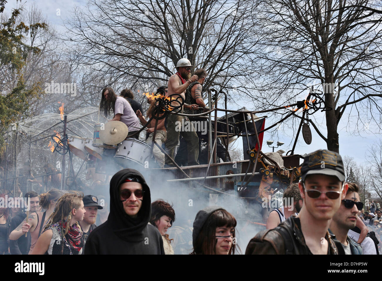 A float at the annual May Day parade in Minneapolis, with a drum circle