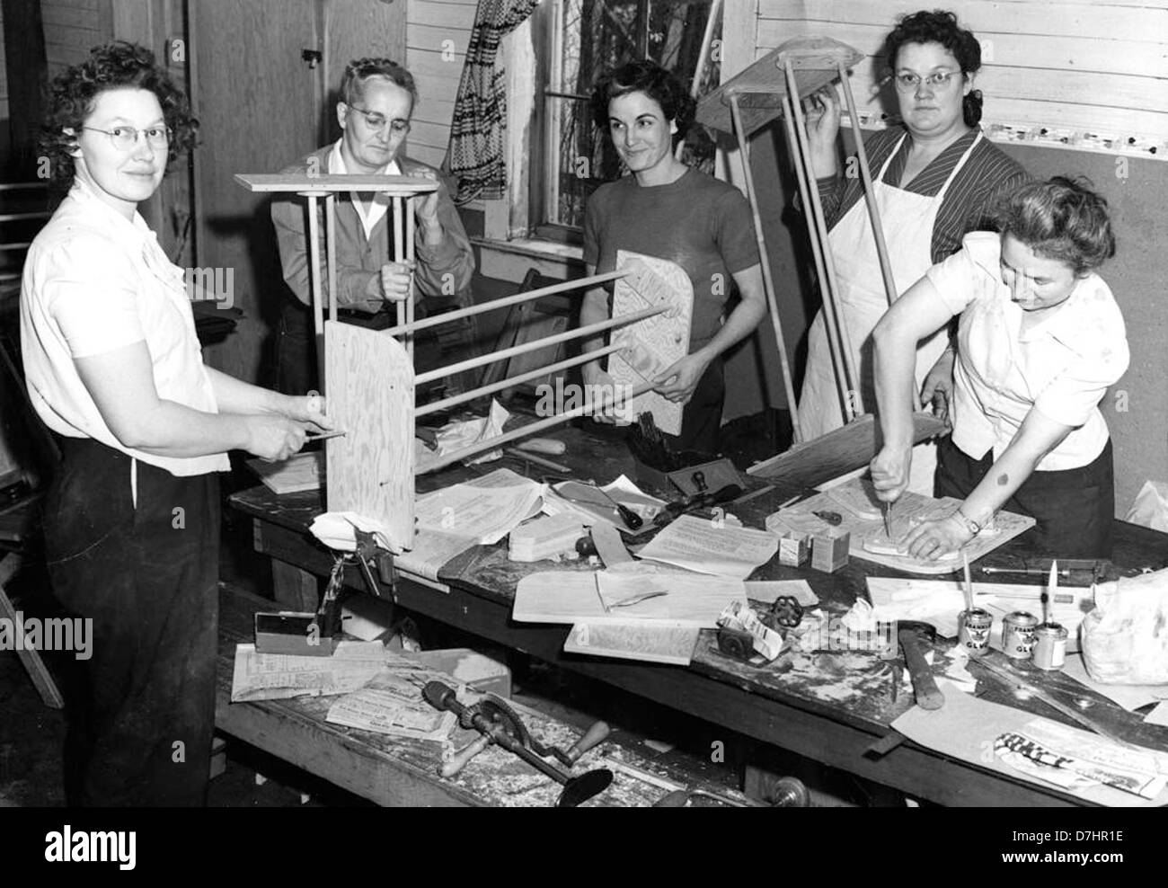 Making shoe racks, Coos County, ca. 1948 Stock Photo