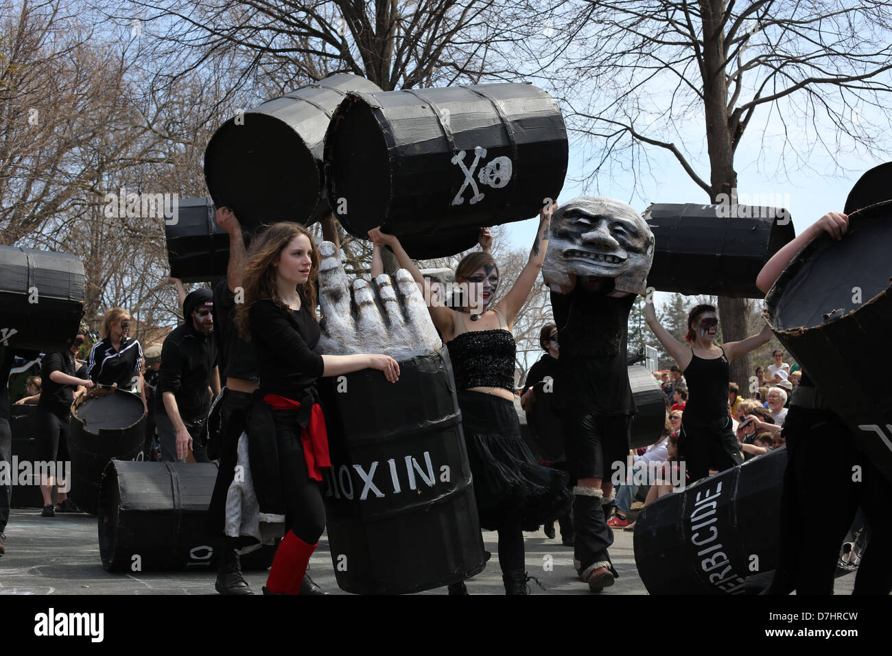 Participants at the May Day parade in Minneapolis protest toxins and chemicals in the environment. Stock Photo