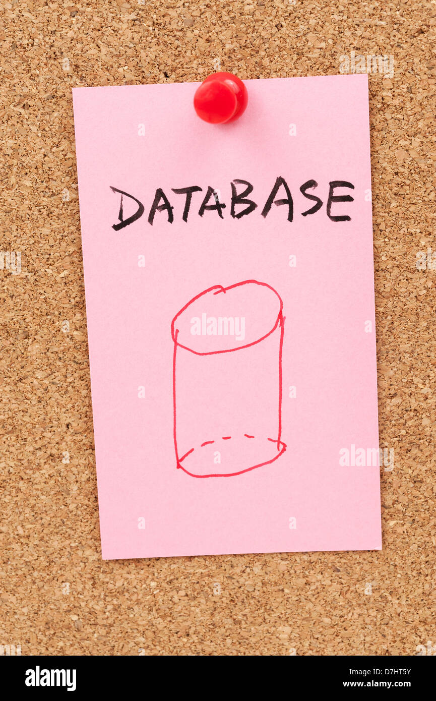 Database word and symbol drawn on paper and pinned on cork board Stock Photo