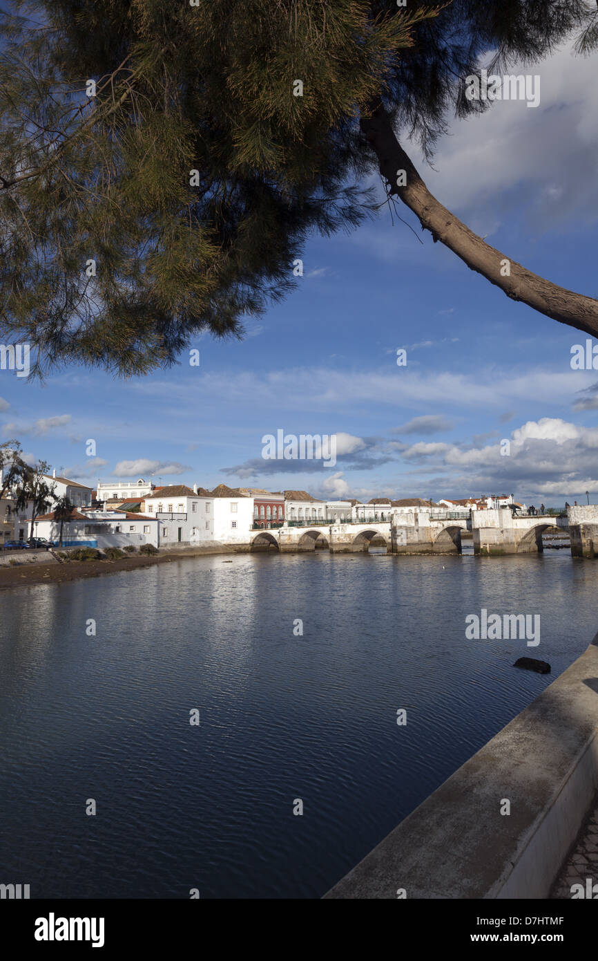Medieval arched bridge, over the river Gilão at Tavira, Portugal Stock Photo