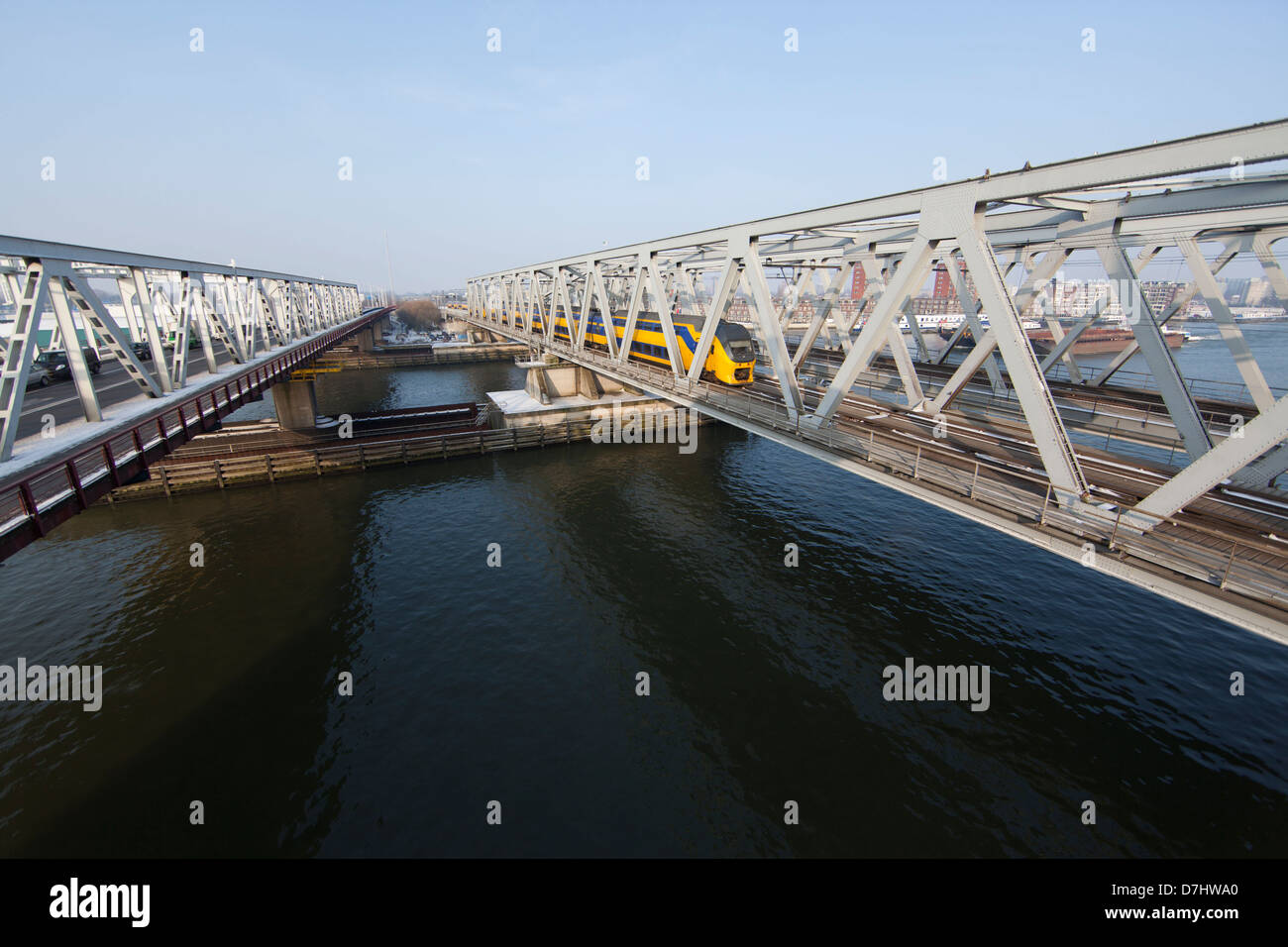 (train) Bridge over the river 'Maas' in dordrecht. Stock Photo