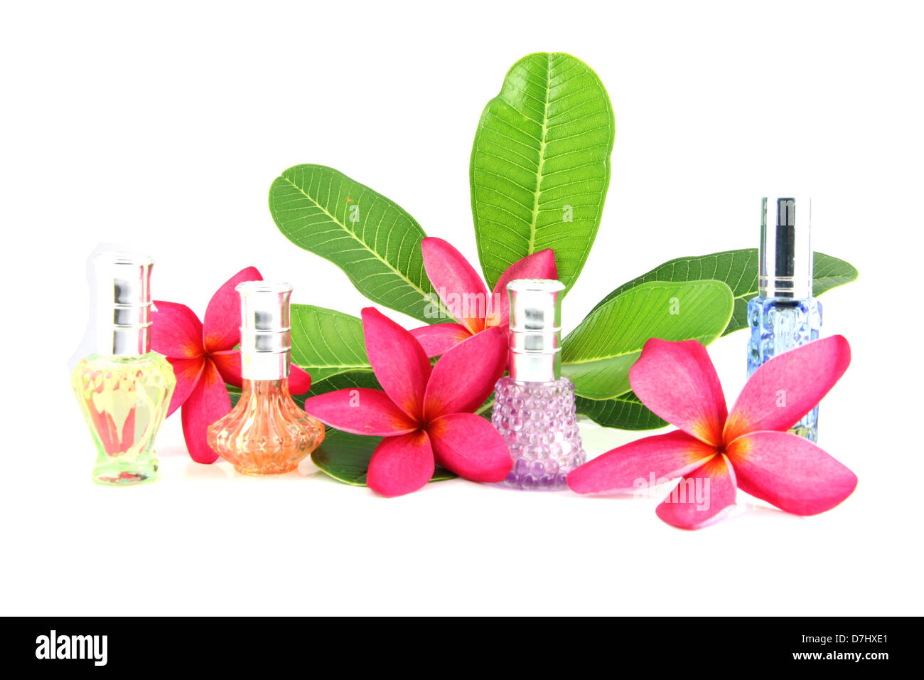 Perfume bottles many colors placed with flowers and leaves on a white background. Stock Photo