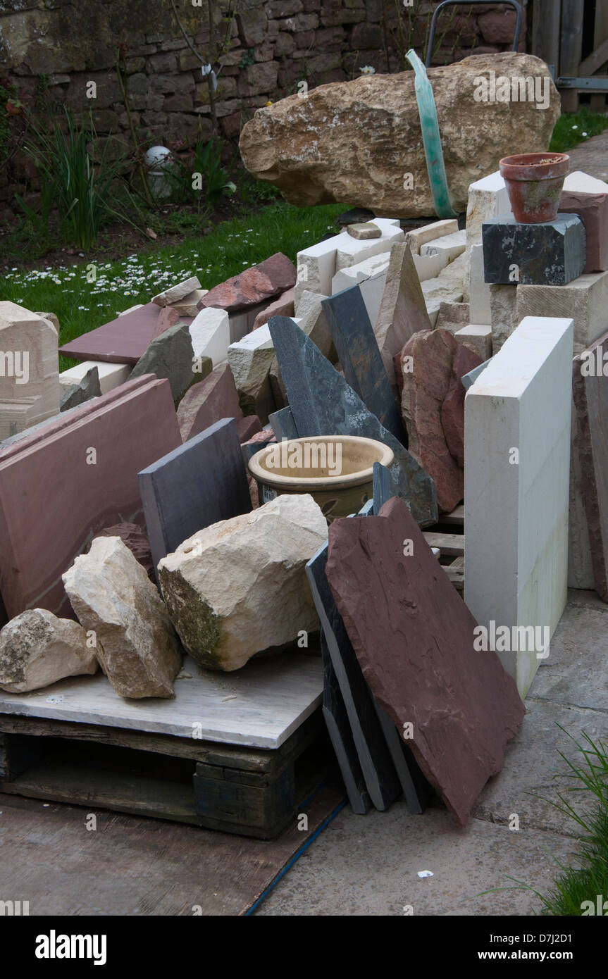 stone assortment, stored ready for use, mixed stone,medium,small pieces for carving Stock Photo
