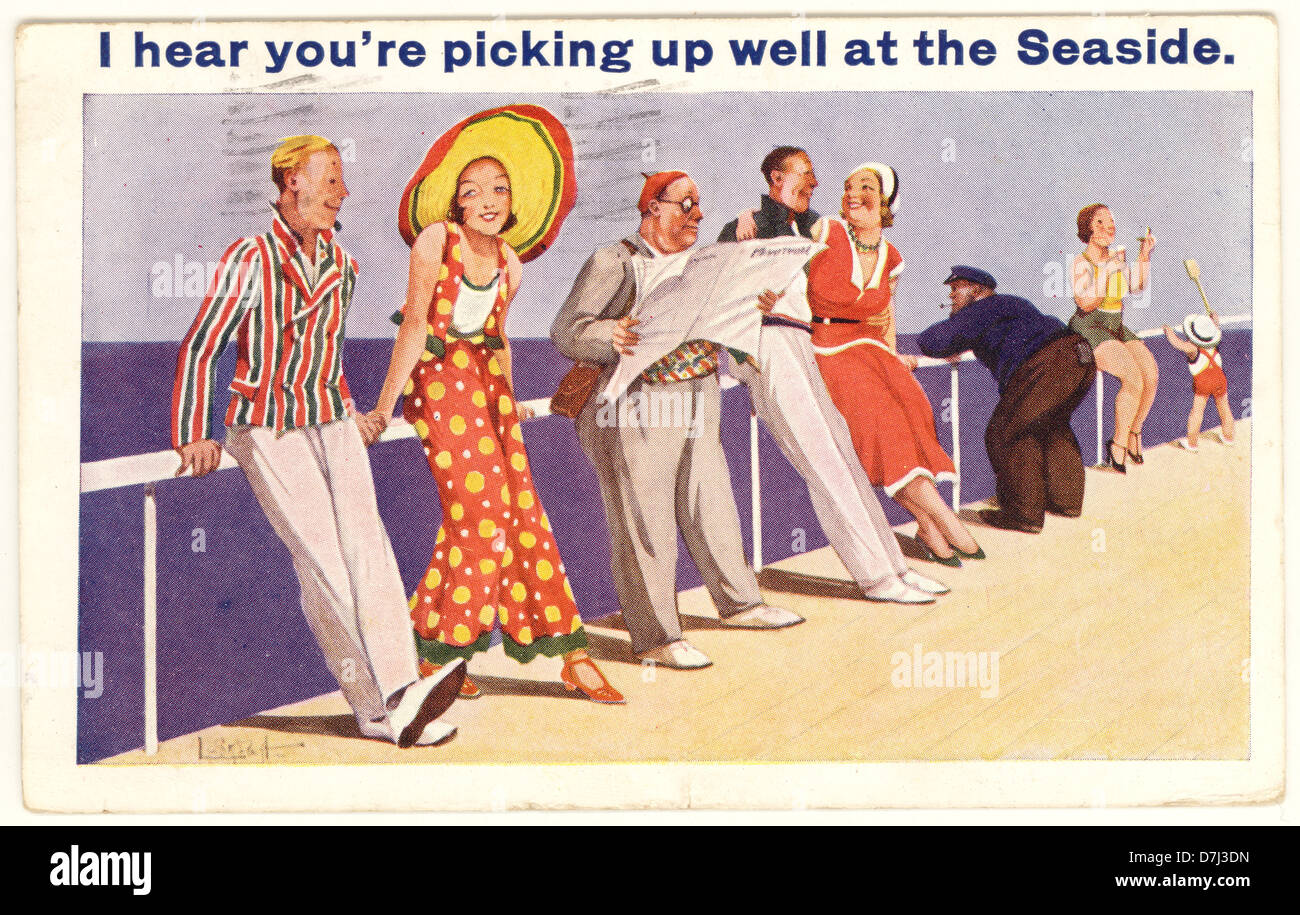 Original saucy comic seaside postcard of men and women flirting on a promenade at the seaside, 'picking up well at the seaside' - dated 14 September 1934, 1930's pastimes, U.K. Stock Photo