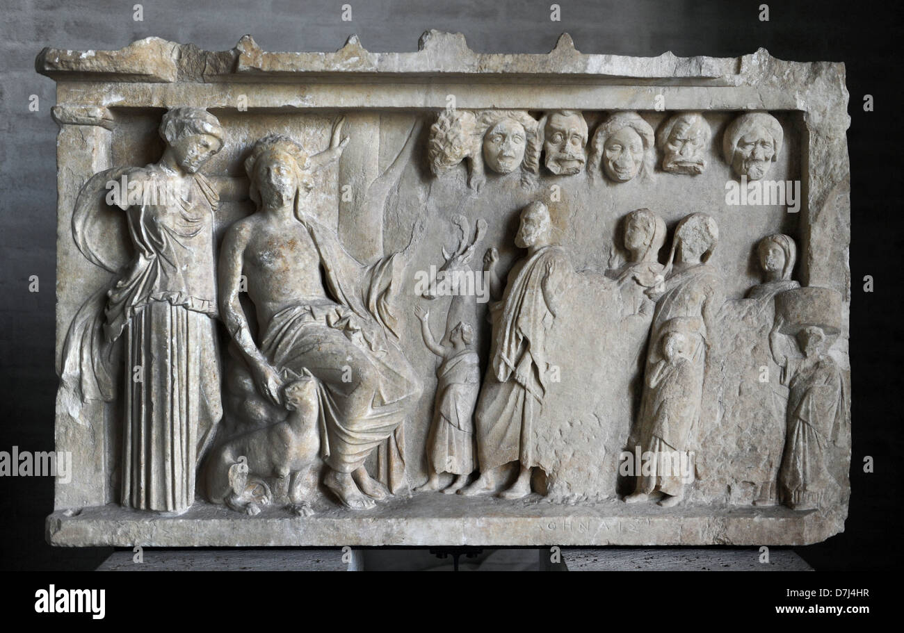 Votive stele depicting a sacrificial procession to Dionysus and Artemis for the win in a contest