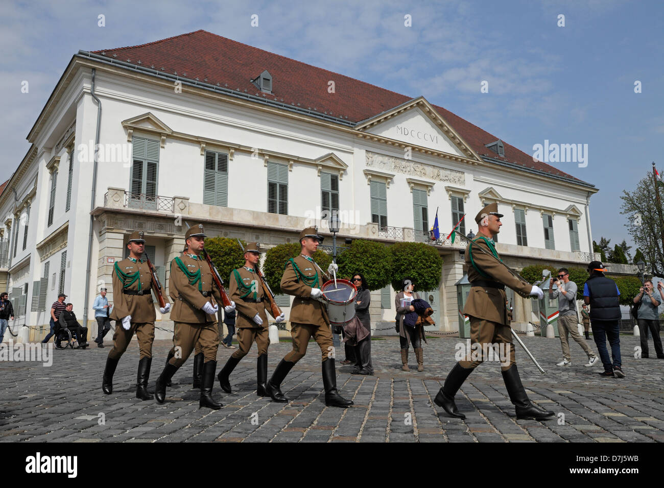 Changing of the guard ceremony at Sandor Palace official residence of the President, Castle Hill District, Budapest Stock Photo