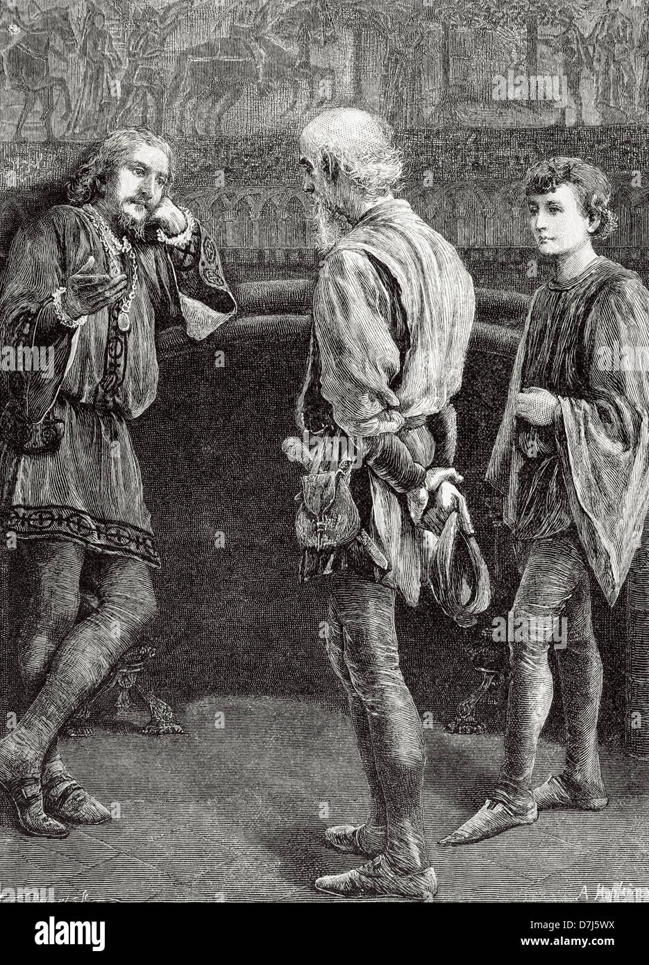 William Shakespeare (1564-1616). English writer. Hamlet and the comedians. Act II, Scene II. Engraving. Stock Photo