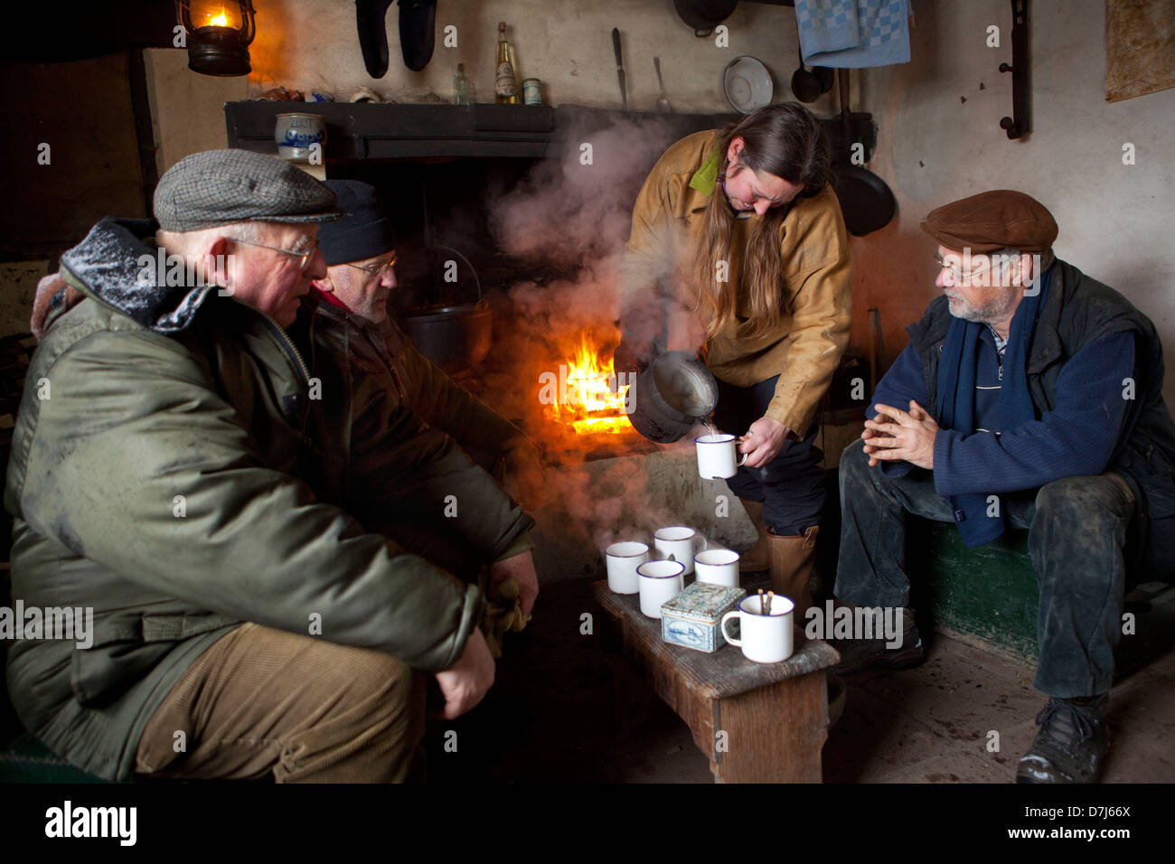 volunteers at a willow shack in national park de biesbosch in holland Stock Photo