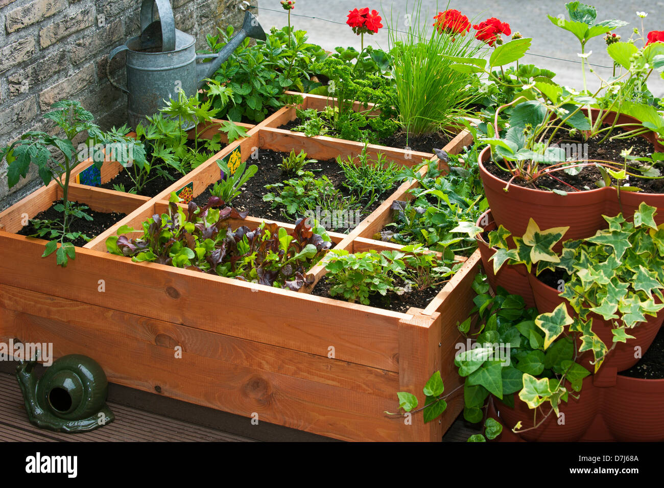 Square foot gardening by planting flowers, herbs and vegetables in ...