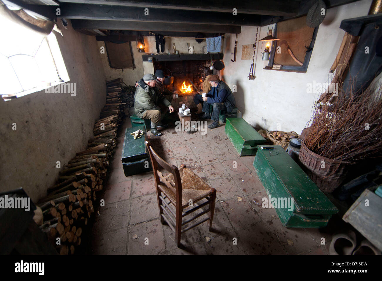 volunteers at a willow shack in national park de biesbosch in holland Stock Photo