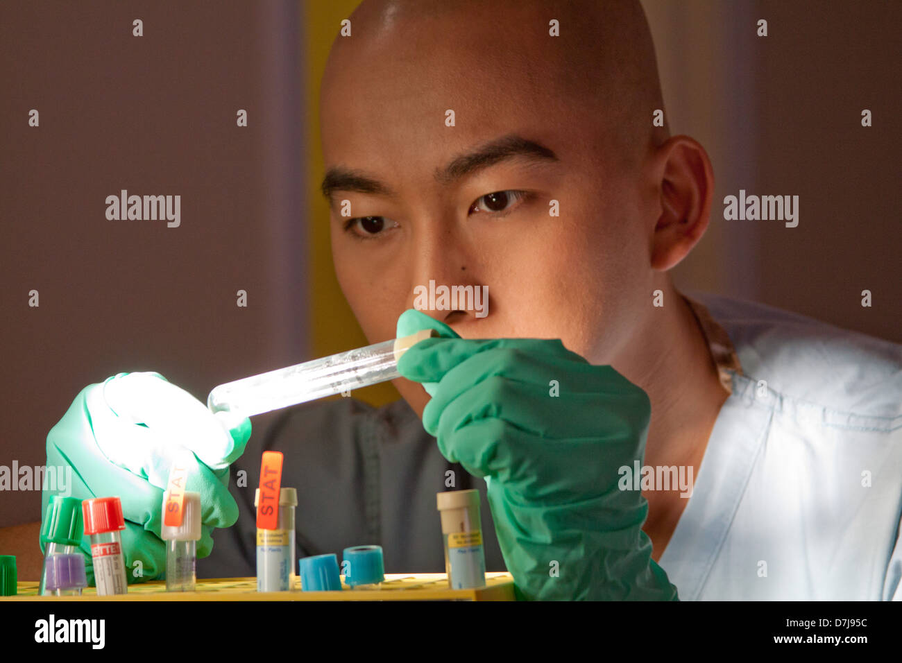 Lab tech examining test tube in rack. Stock Photo