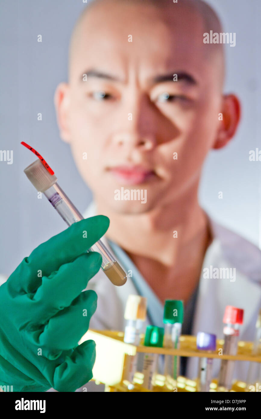 Focus on gloved hand holding test tube, lab tech out of focus Stock Photo