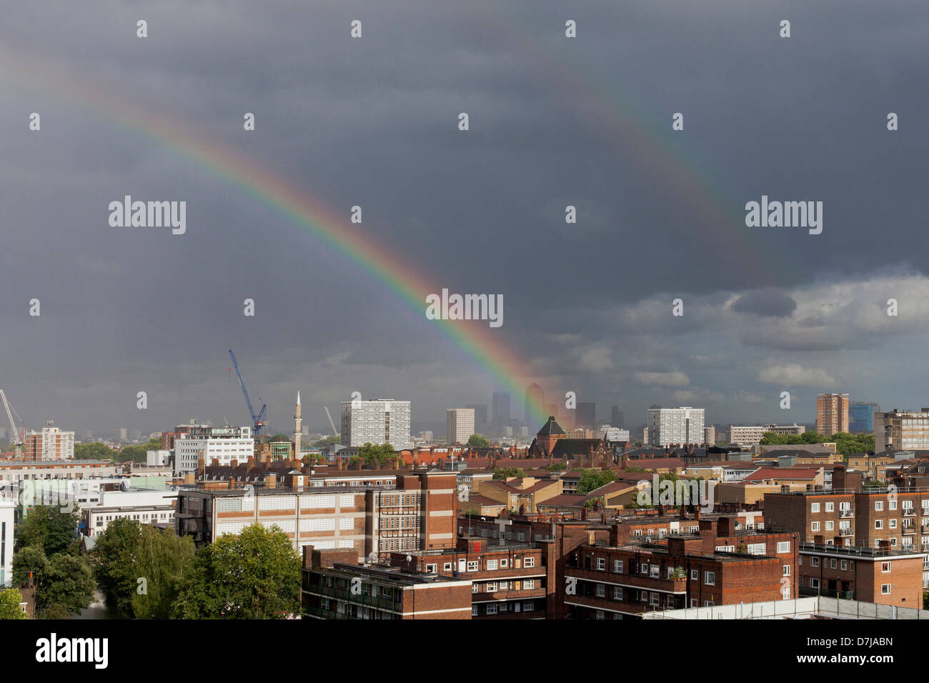 Canary Wharf  and double Rainbow view from Hoxton Stock Photo