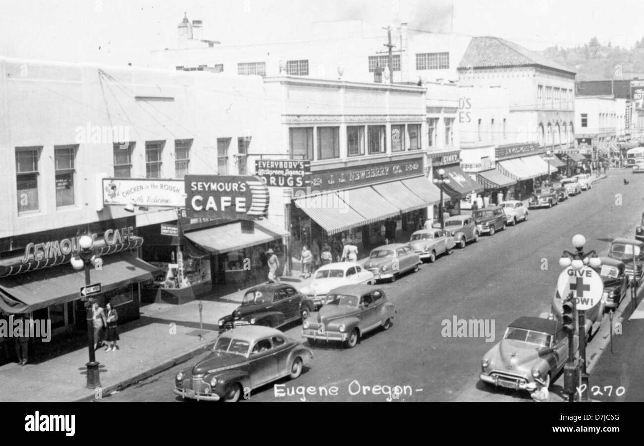 Downtown Eugene, Seymour's Cafe sign, on Willamette St. circa 1950 Stock Photo