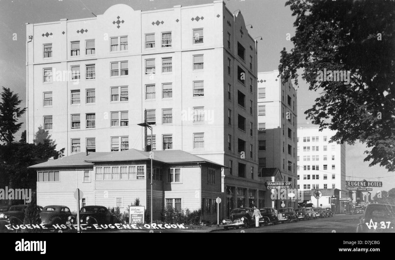 Eugene Hotel from side, parking lot visible, circa 1936 Stock Photo Alamy