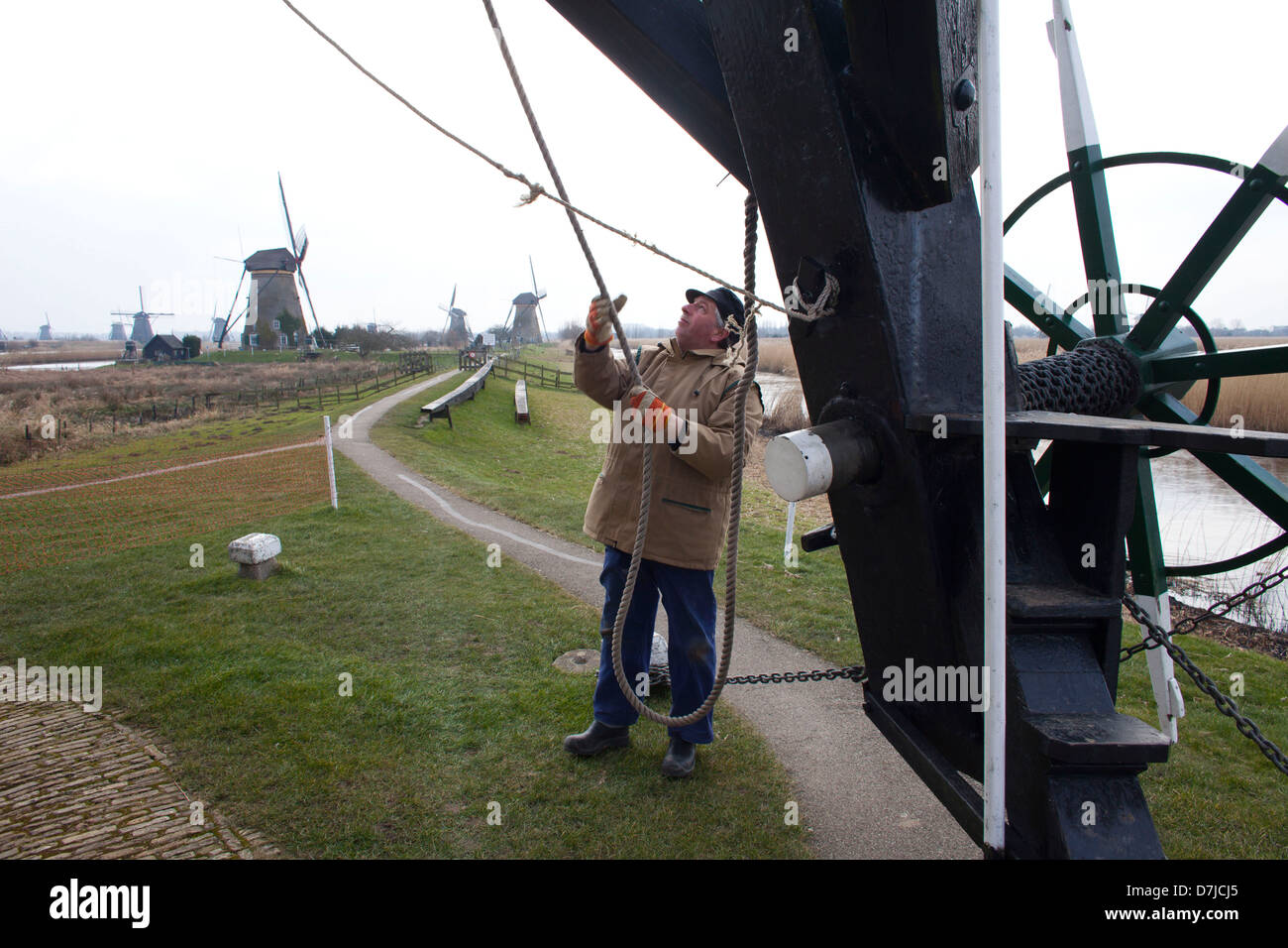 Kinderdijk in Holland: 19 old windmills are still working Stock Photo
