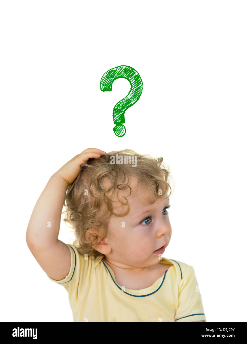 cute toddler child scratching his head green question mark above isolated on white background Stock Photo