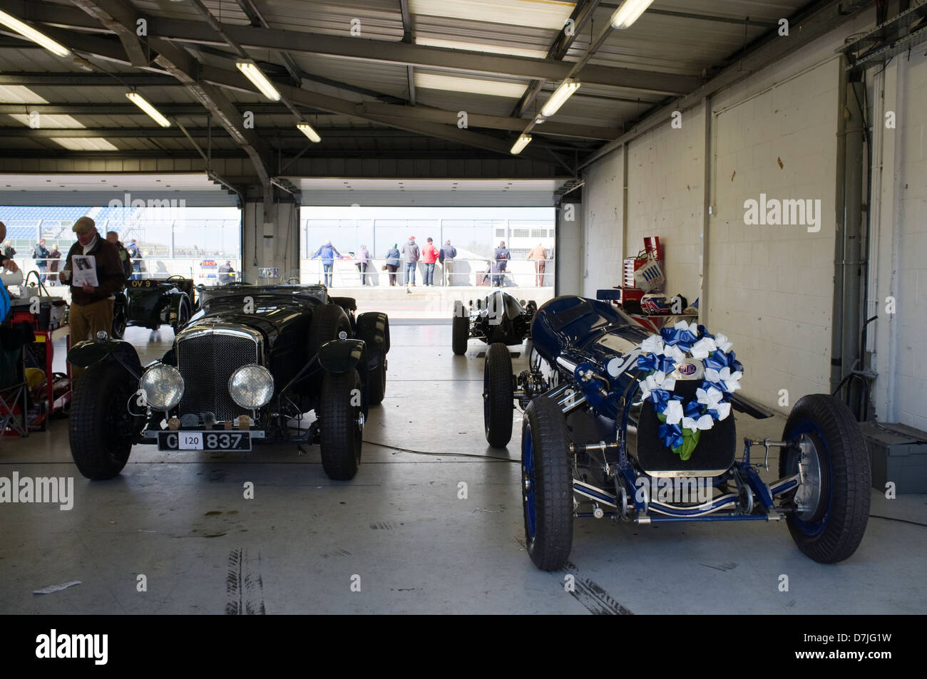 A vintage Delage and Bentley at the VSCC Spring Start Event at Silverstone, Northamptonshire,England, UK. Stock Photo