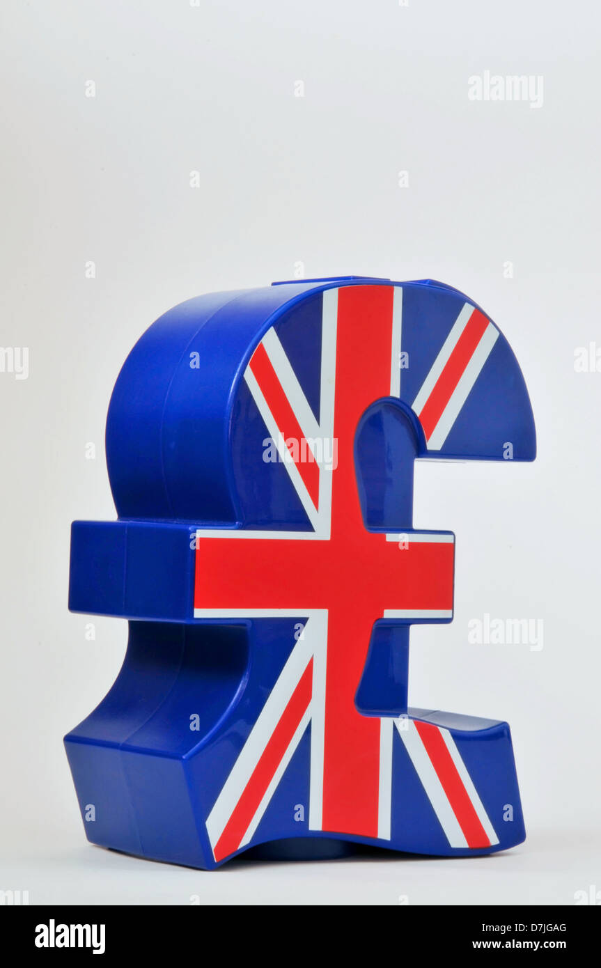 Pound symbol shaped money box with Union Jack flag printed on the side