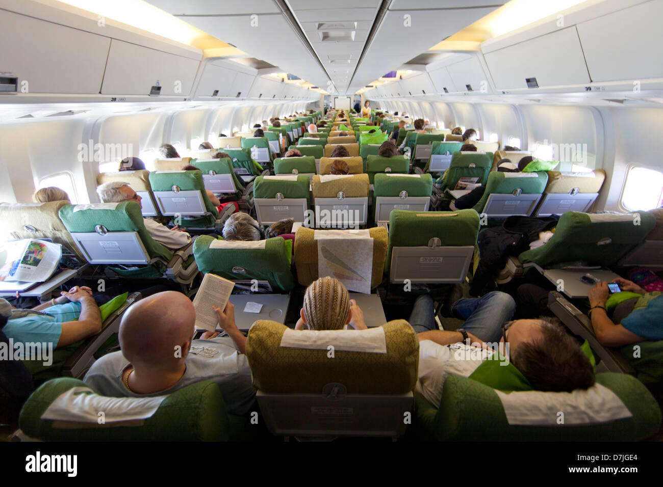 Cabin of a Boeing 767-300, Ethiopian airlines Stock Photo
