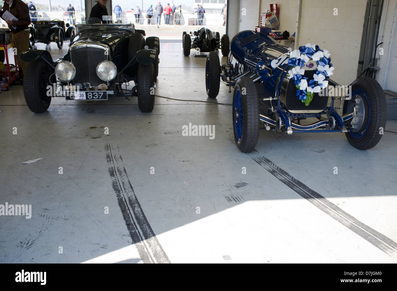 A vintage Delage and Bentley at the VSCC Spring Start Event at Silverstone, Northamptonshire,England, UK. Stock Photo