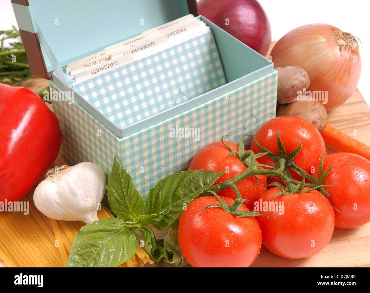 Recipe box and the ingredients for fresh spaghetti and sauce Stock Photo