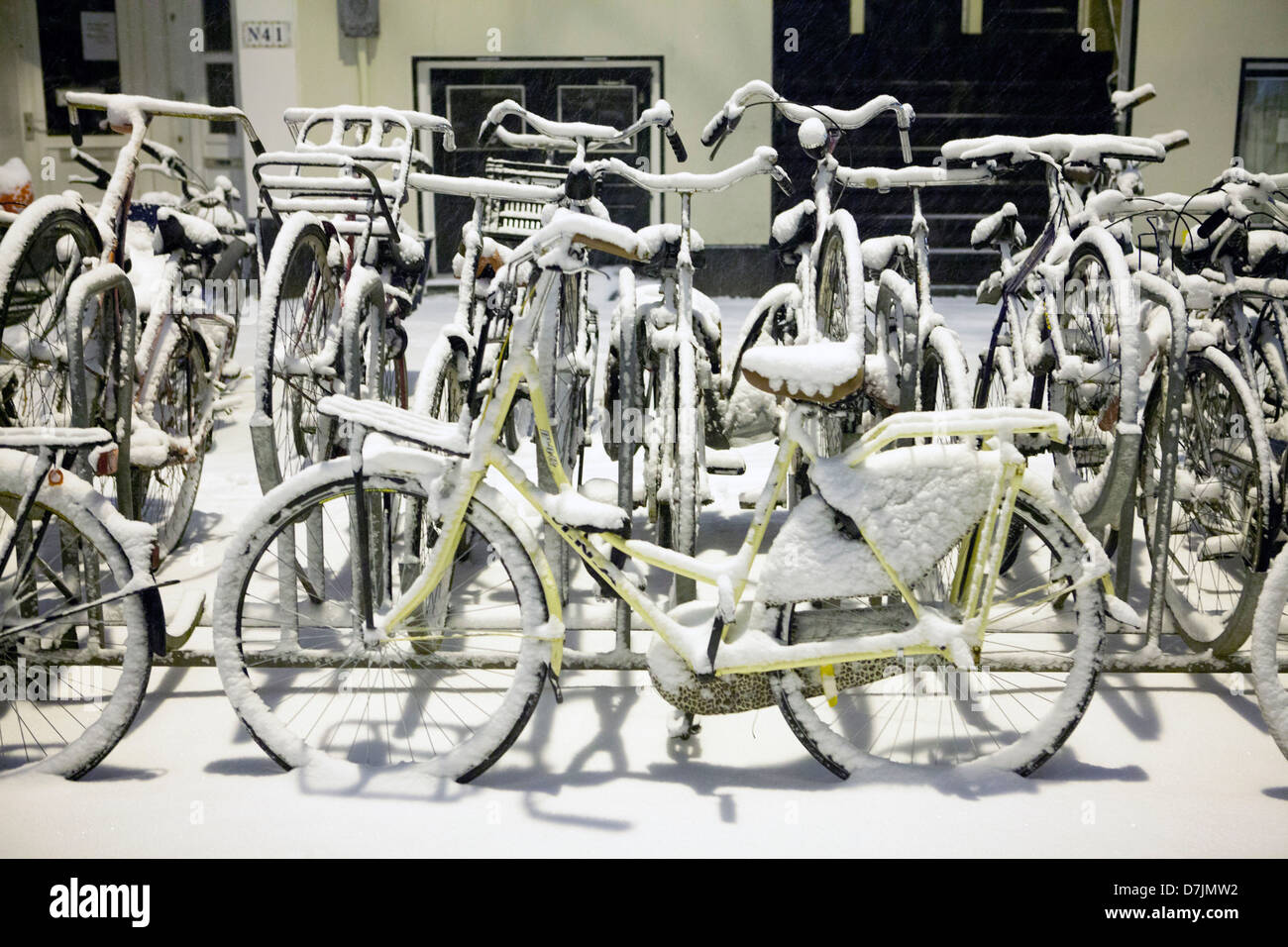 bicycles in winter in Amsterdam Stock Photo