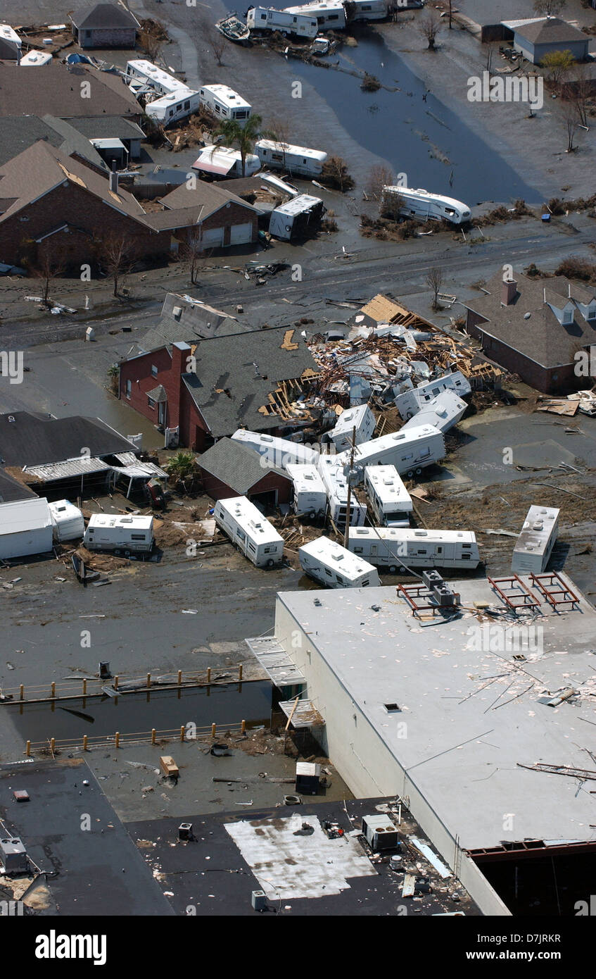 Aerial view of massive flooding and destruction caused by Hurricane