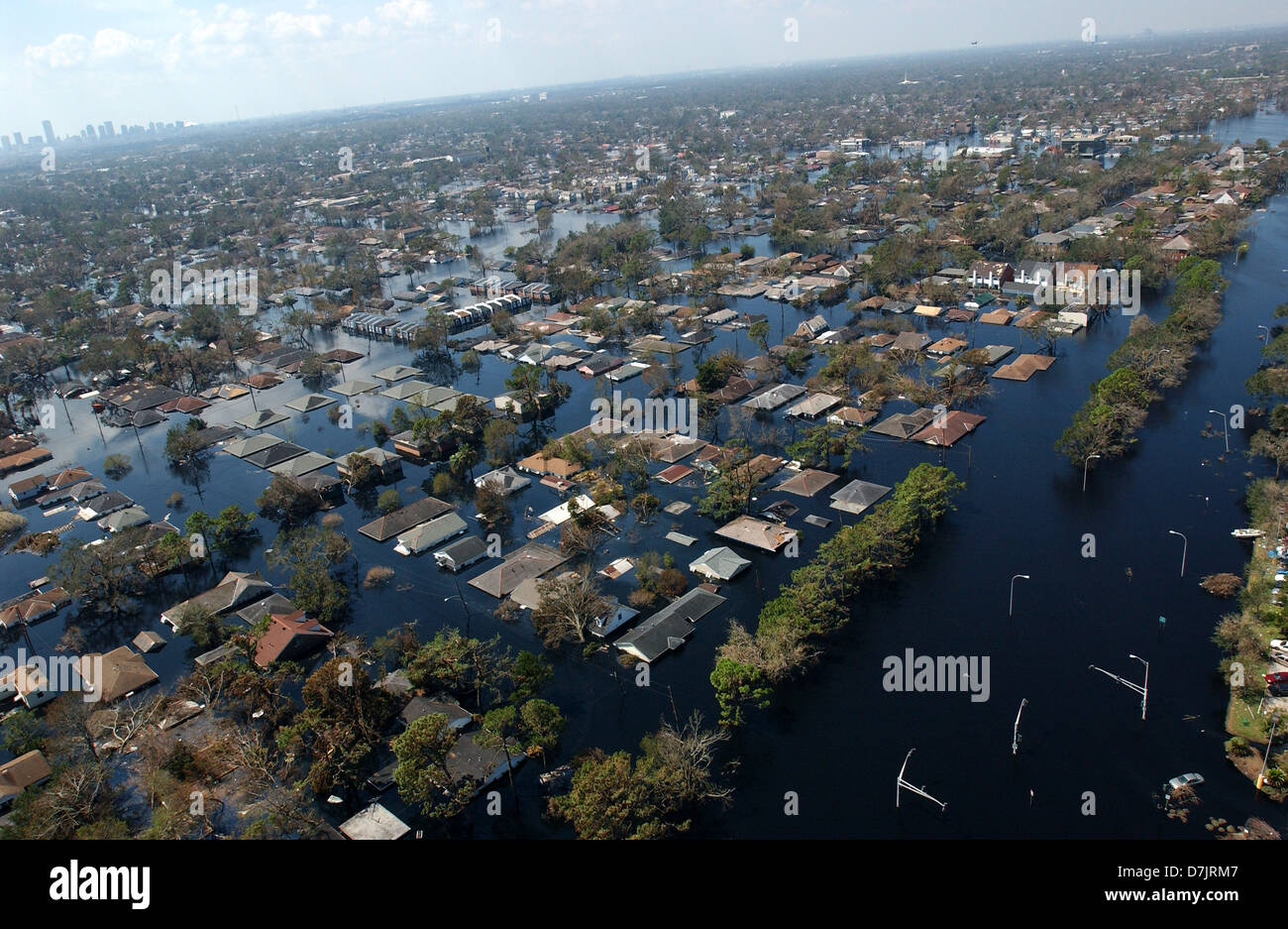 Aerial view of massive flooding and destruction caused by Hurricane Katrina September 7, 2005 in New Orleans, LA. Stock Photo