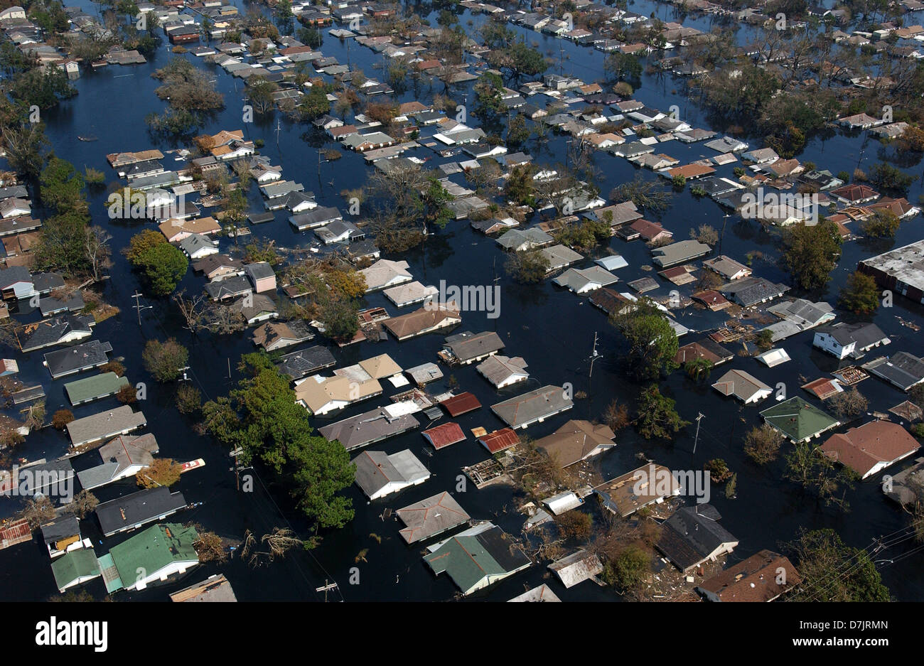 Aerial view of massive flooding and destruction caused by Hurricane Katrina September 7, 2005 in New Orleans, LA. Stock Photo
