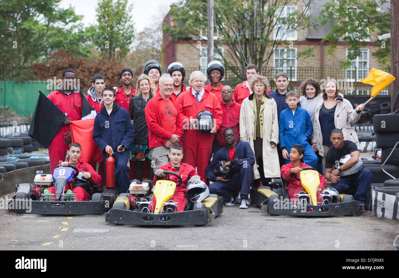 London Mayor Boris Johnson Goes Go Karting In A Boiler Suit In