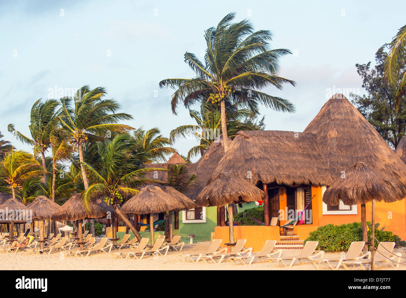 Mahekal Beach Resort, cabana style accommodation on the beach in Playa del Carmen, Mexico Stock Photo