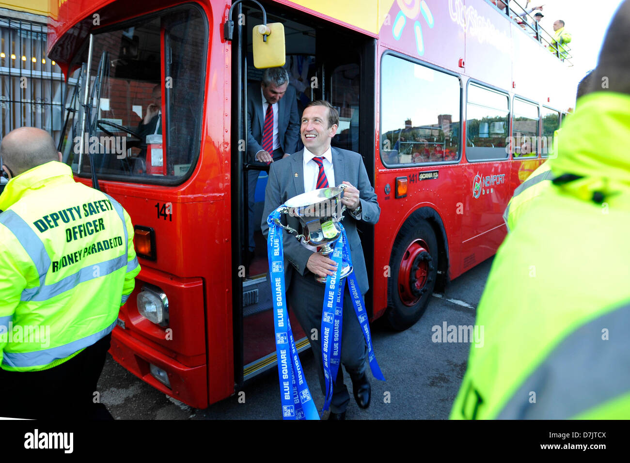 Newport, Wales, UK. 8th May 2013. 080513  Newport County FC celebrate their return to Football League with a victory parade on an open top bus through Newport town Centre.  Newport County FC manager Justin Edinburgh. Credit:  Matthew Horwood / Alamy Live News Stock Photo