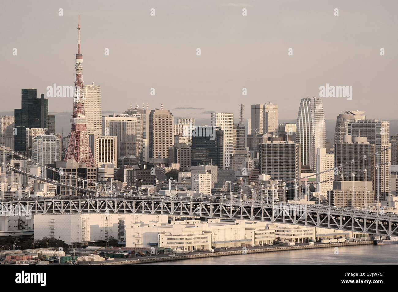 Skyline of Tokyo as seen from Odaiba at sunset Stock Photo