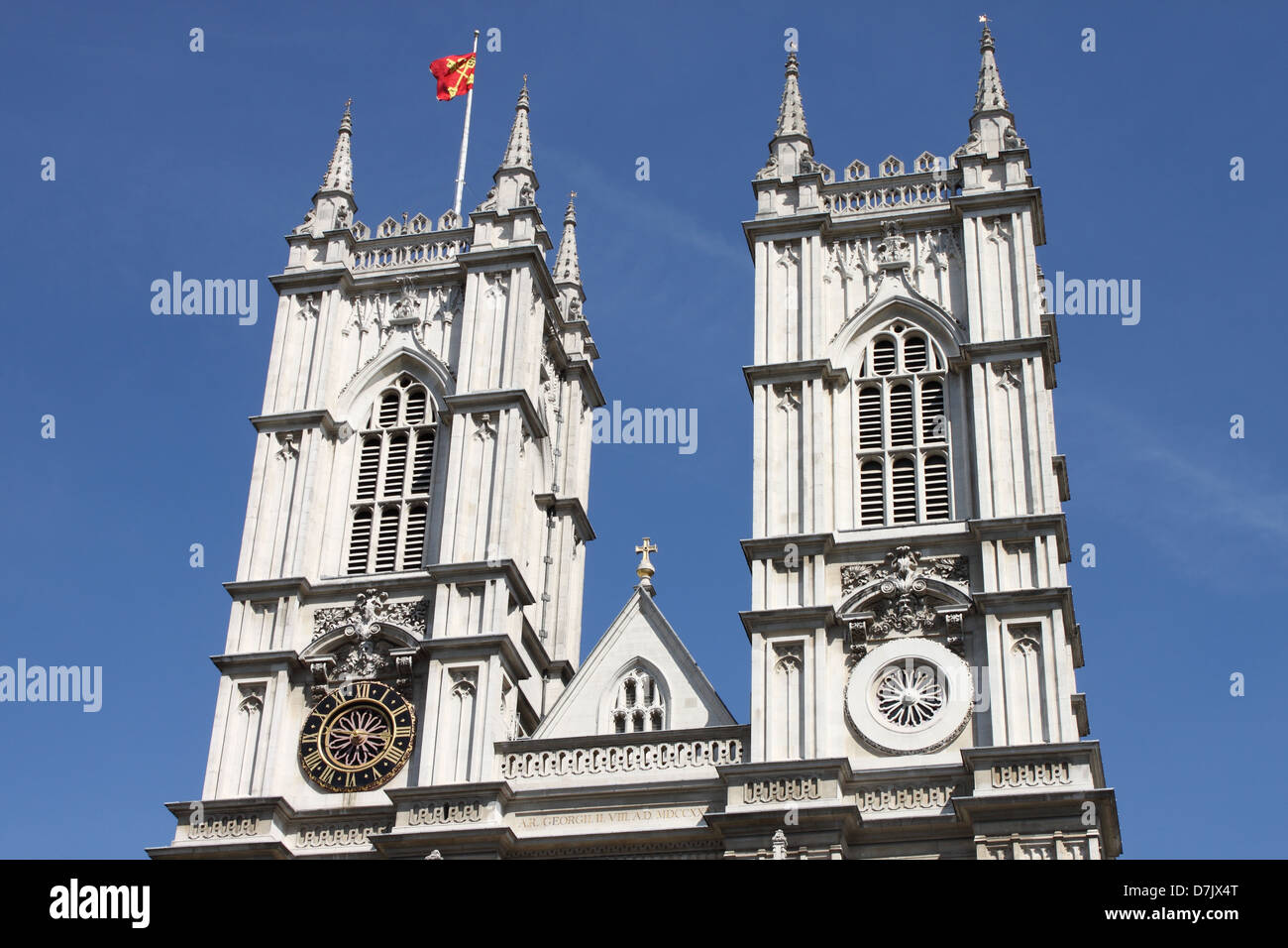 Detailed view of the towers of Westminster Abbey in London, UK Stock