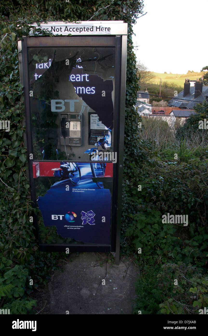 This rural KX100 BT phone kiosk has become neglected and overgrown with brambles, a result of the increase in mobile phone use. England, UK. Stock Photo