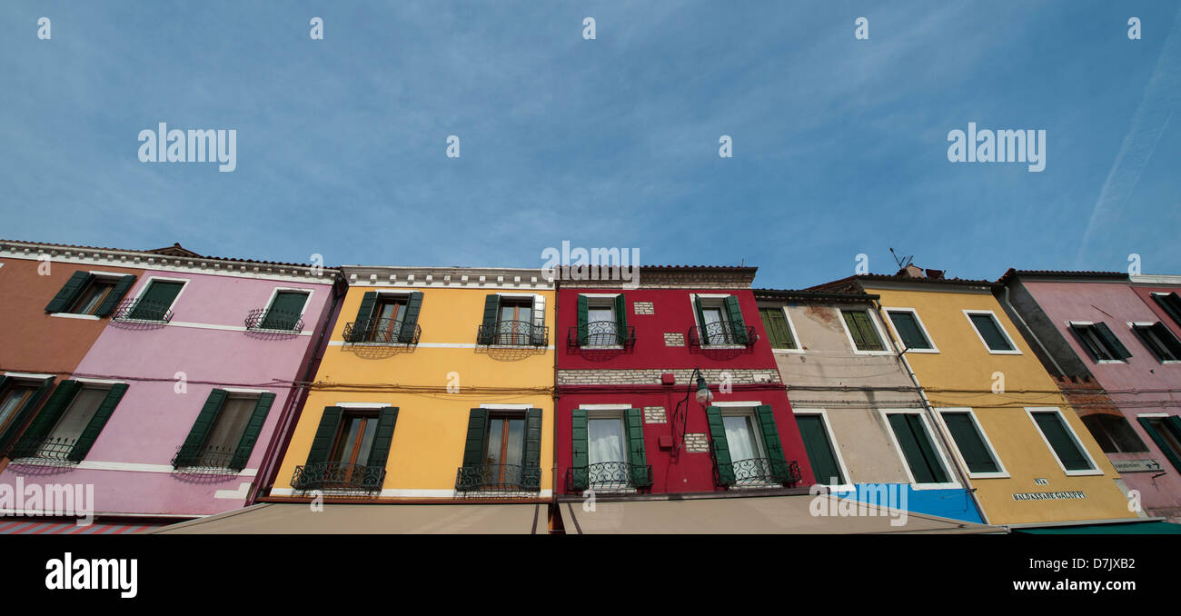 Brightly coloured houses Burano island off Venice, Veneto, Italy. 2013 Stock Photo
