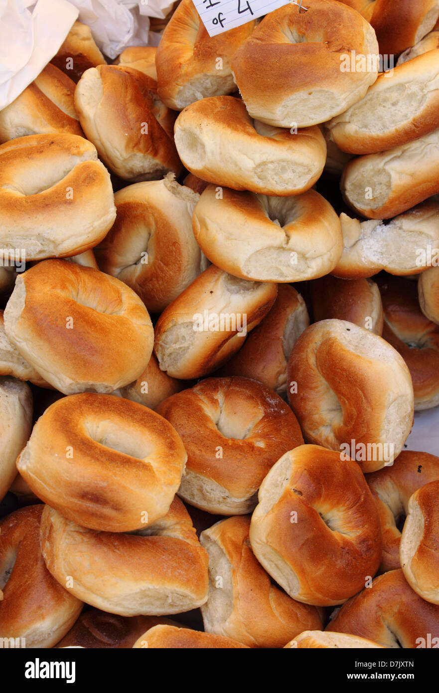 Fresh bagels for sale in a bakery shop Stock Photo