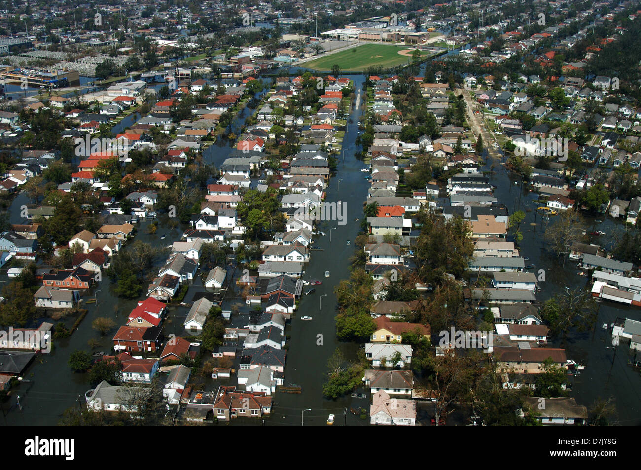 Aerial view of massive flooding and destruction caused by Hurricane Katrina September 4 2005 in