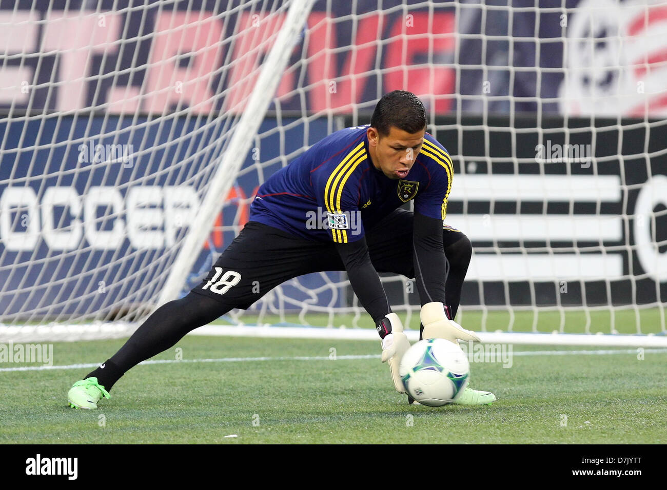 Foxborough, Massachusetts, USA. 8th May 2013. Real Salt Lake goalkeeper Nick Rimando (18) warms up prior to the MLS game between the New England Revolution and Real Salt Lake at Gillette Stadium. Anthony Nesmith/CSM/Alamy Live News Stock Photo