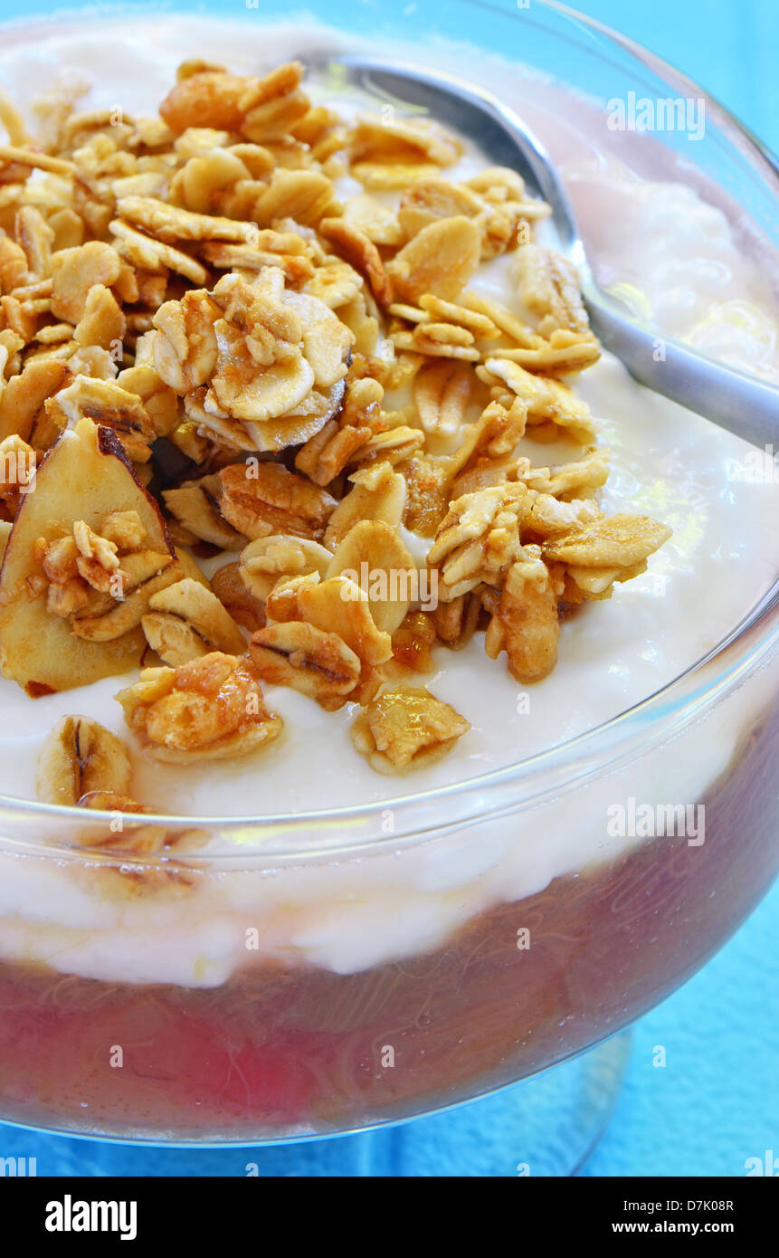 Rhubarb yogurt granola parfait closeup on blue background in vertical format Stock Photo