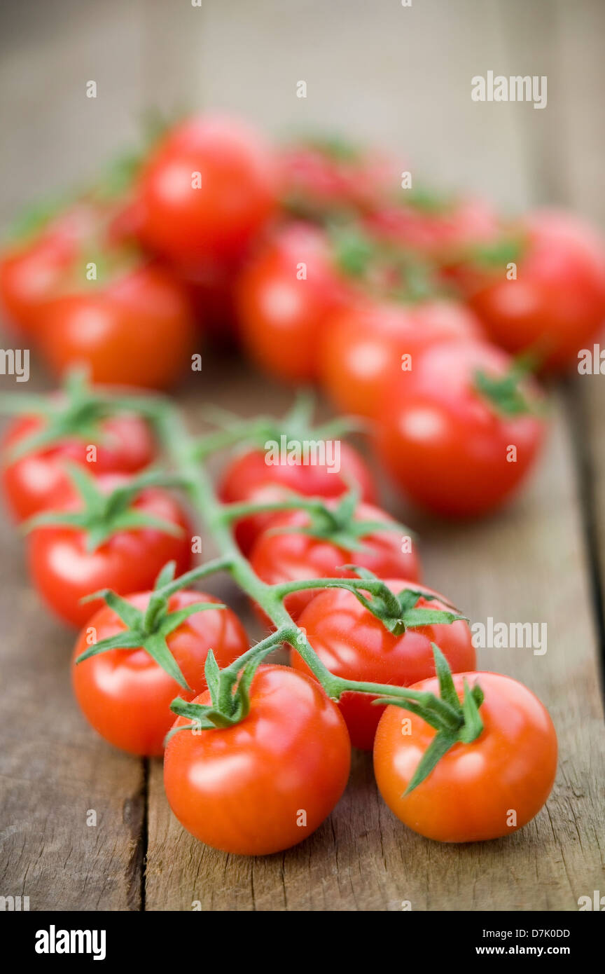 Close up of a string of vine-ripe cherry tomatoes on a rustic wooden tabletop. Stock Photo