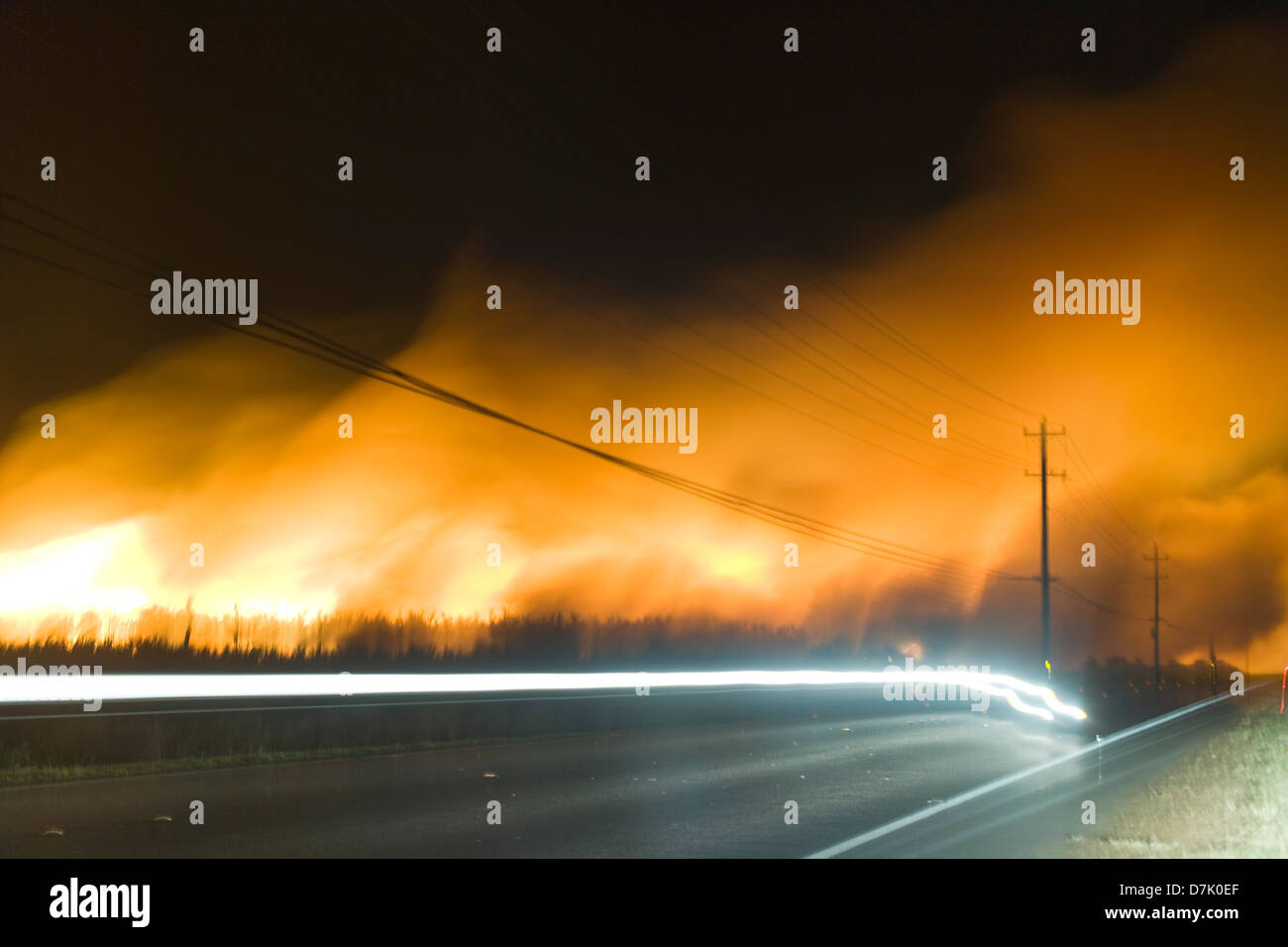 Agriculture, Burning Sugar Cane at Night in Hawaii Stock Photo