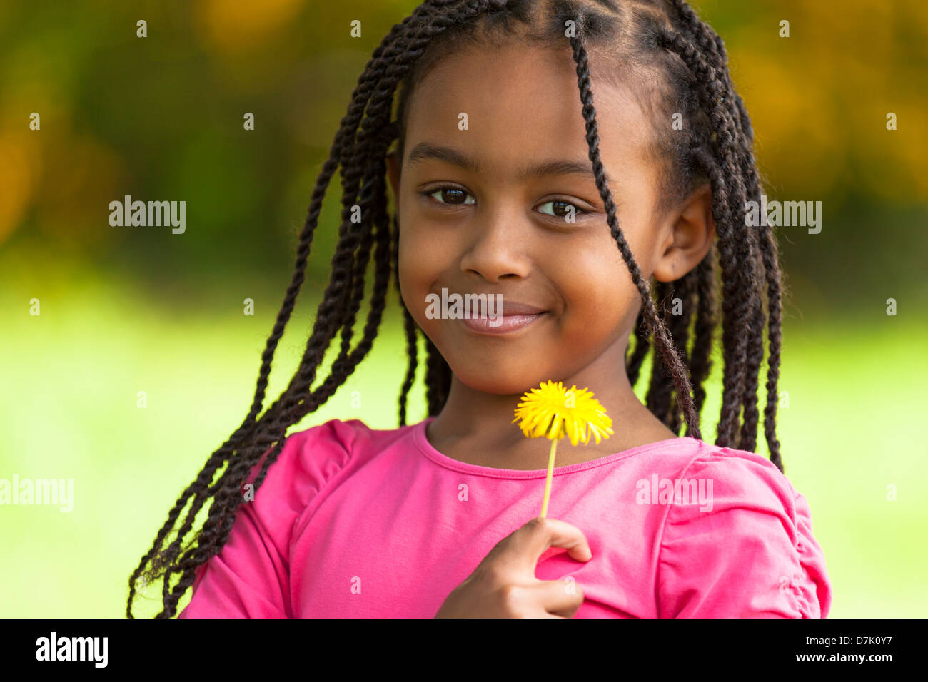 Outdoor Portrait Of A Cute Young Black Girl Holding A Dandelion