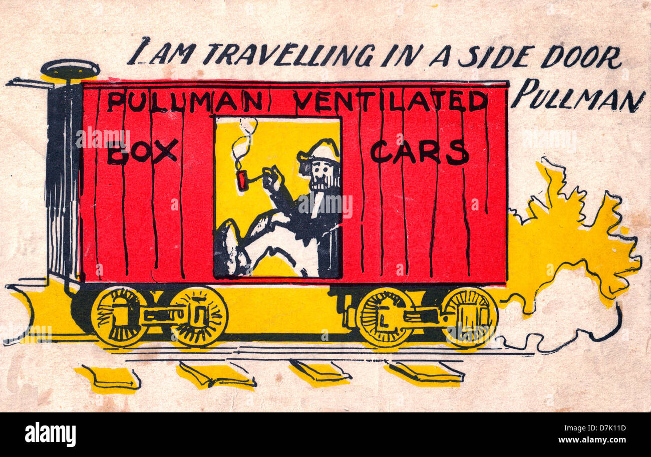 I am travelling in a side door Pullman - Vintage advertisement postcard for Pullman Ventilated box cars Stock Photo