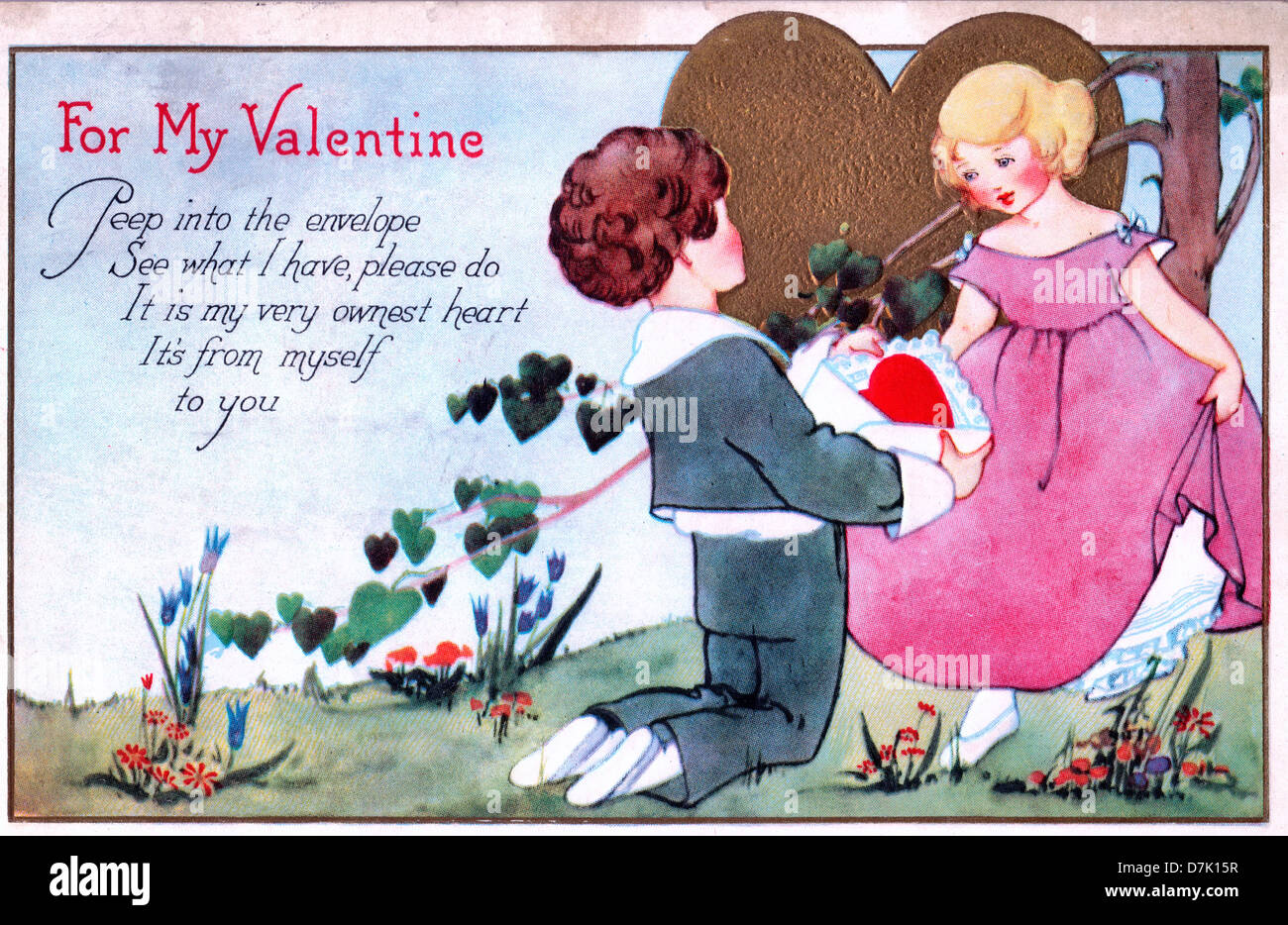For my Valentine - Peep into the envelope, See what I Have, please do, It is my very ownest heart. it's from myself to you - Vintage Valentine's Day Card Stock Photo