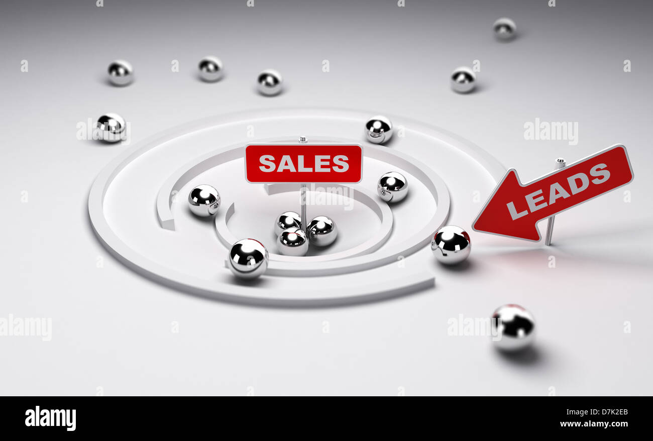Sales process simplified one arrow with the word leads ans a sign with the word sales, 3d render Stock Photo