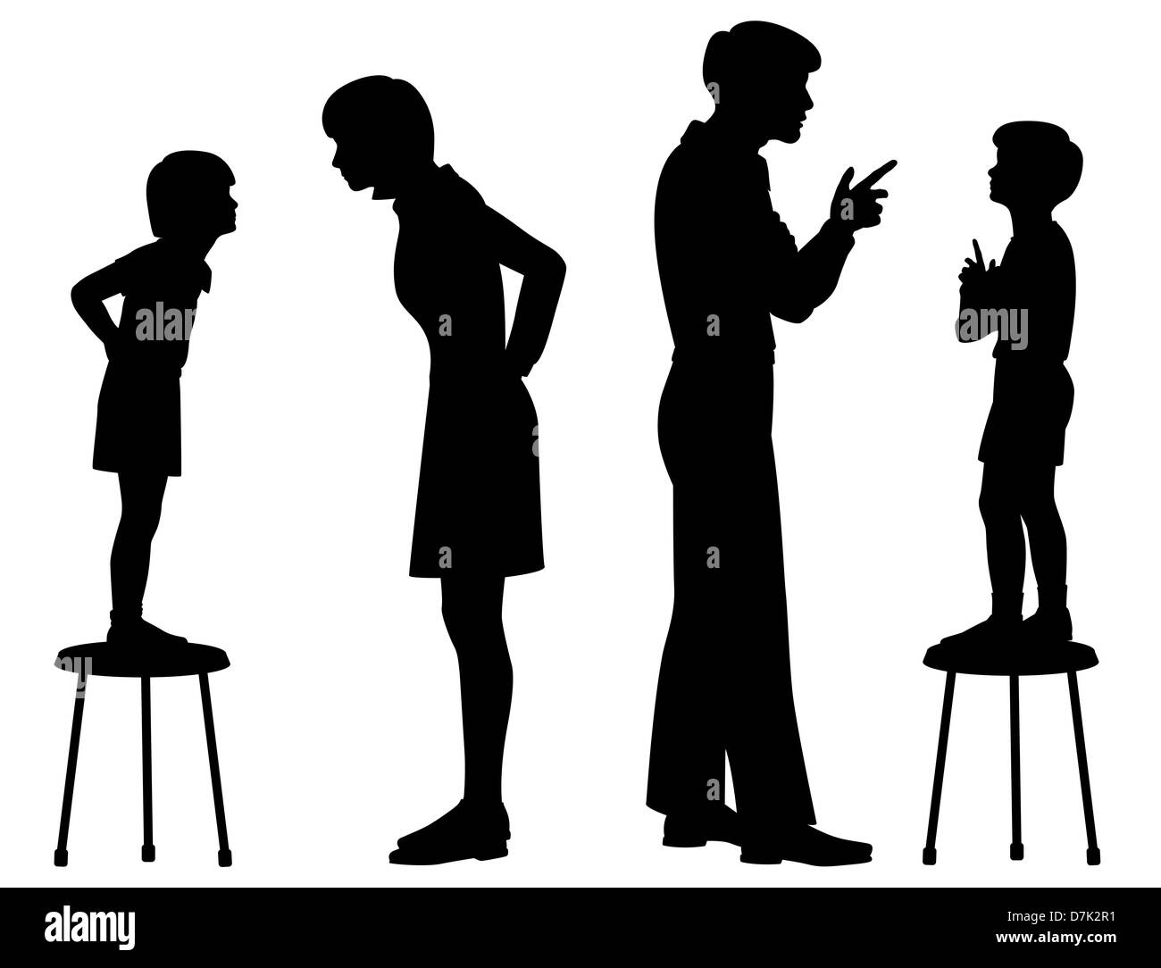 Illustrated silhouettes of children copying their parents Stock Photo