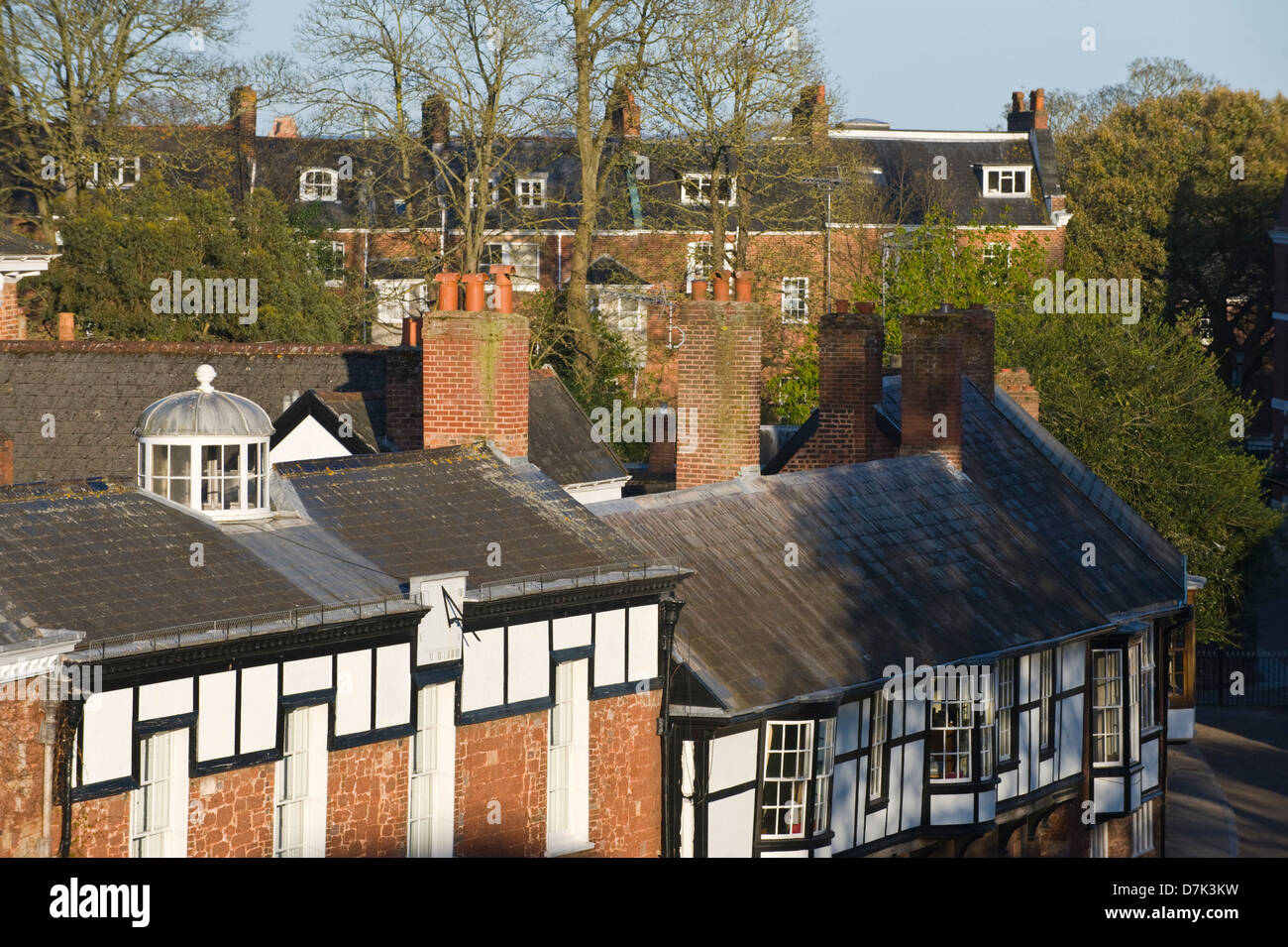 View over rooftops of period houses on Cathedral Close Exeter Devon